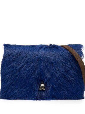 Chanel CC Logo Quilted Chain Shoulder Bag Blue Fur Leather